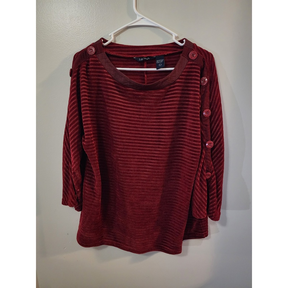 Life Style Blouse Size large Women's Burgundy Red Ribbed Knit Button Shoulder